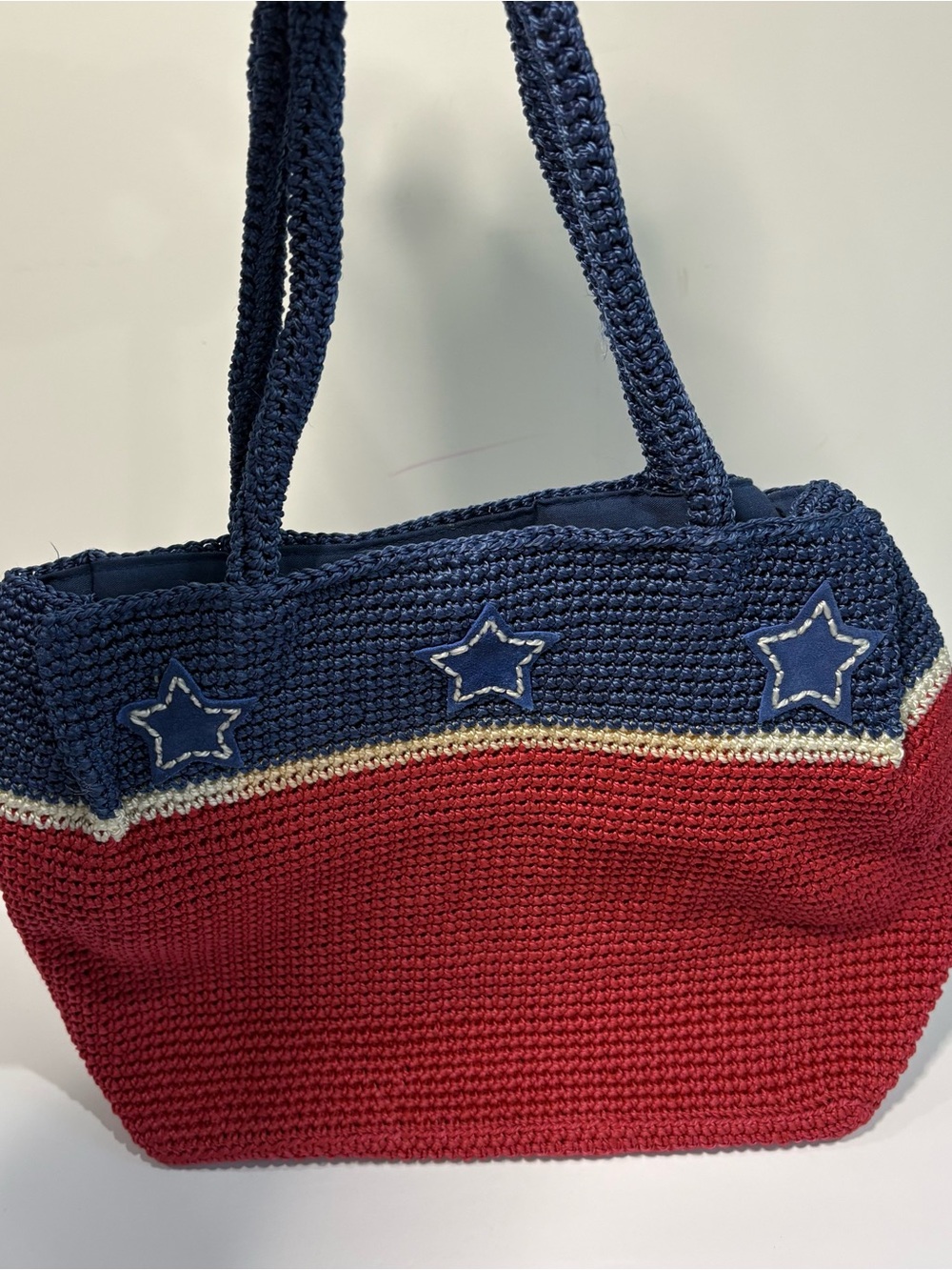 Crochet Shoulder Bag Purse Red White Blue Patriotic Stars USA Coastal Preppy 4th